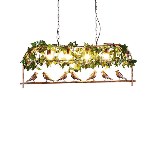 Country Bronze Birdcage Island Light With Bird And Faux Ivy - 4-Bulb Bar Suspension
