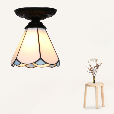 Vintage Handcrafted Stained Glass Ceiling Light With Single Flower Design For Aisle Black / White