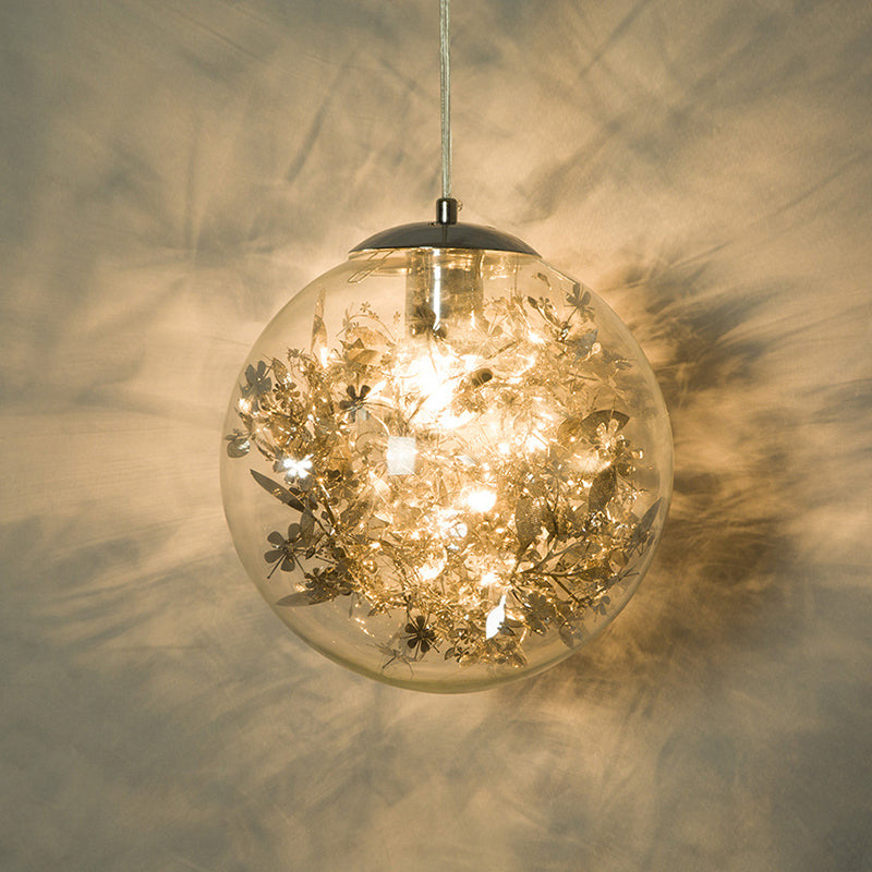 Clear Glass Pendant Light with Elegant Foil Flower for Dining Room