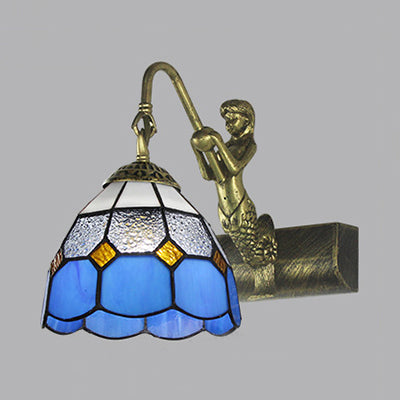 Blue/Clear Glass Dome Wall Light Fixture With Baroque Sconce Detailing And Mermaid Backplate