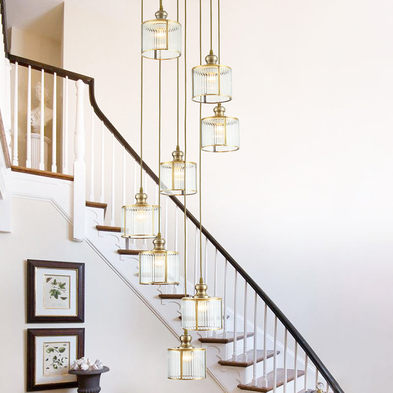 Postmodern Ribbed Glass Pendant Light Fixture with Multiple Lamps - Brass Finish for Stairway