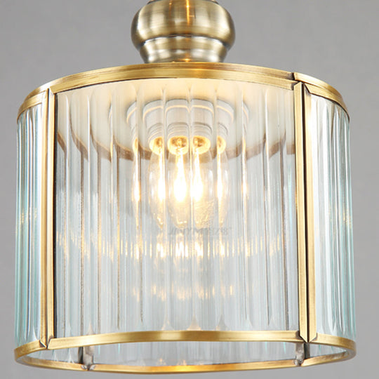 Stylish Brass Cylinder Pendant Light Fixture With Ribbed Glass - Ideal For Stairways