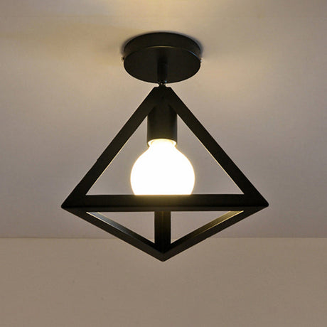 Iron Caged Flush Mount Ceiling Lamp - Industrial Style With 1-Bulb Black / Triangle
