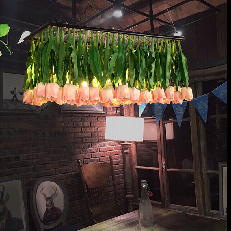 Rustic Metal 4-Light Green Island Tulip Bouquet Suspension Lamp - Restaurant Light Fixture