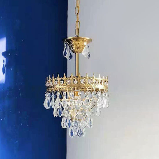 Vintage Crown Pendant Light With Tapered Crystal Drops - Single-Bulb Metal Ceiling Fixture Gold / 10
