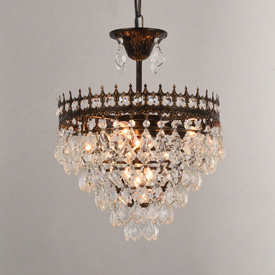Vintage Crown Pendant Light With Tapered Crystal Drops - Single-Bulb Metal Ceiling Fixture Black /