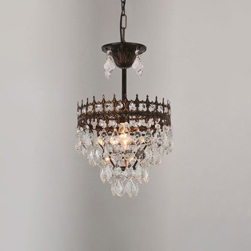 Vintage Crown Pendant Light With Tapered Crystal Drops - Single-Bulb Metal Ceiling Fixture Black /