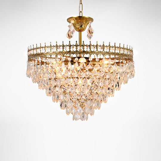 Vintage Crown Pendant Light With Tapered Crystal Drops - Single-Bulb Metal Ceiling Fixture Gold /