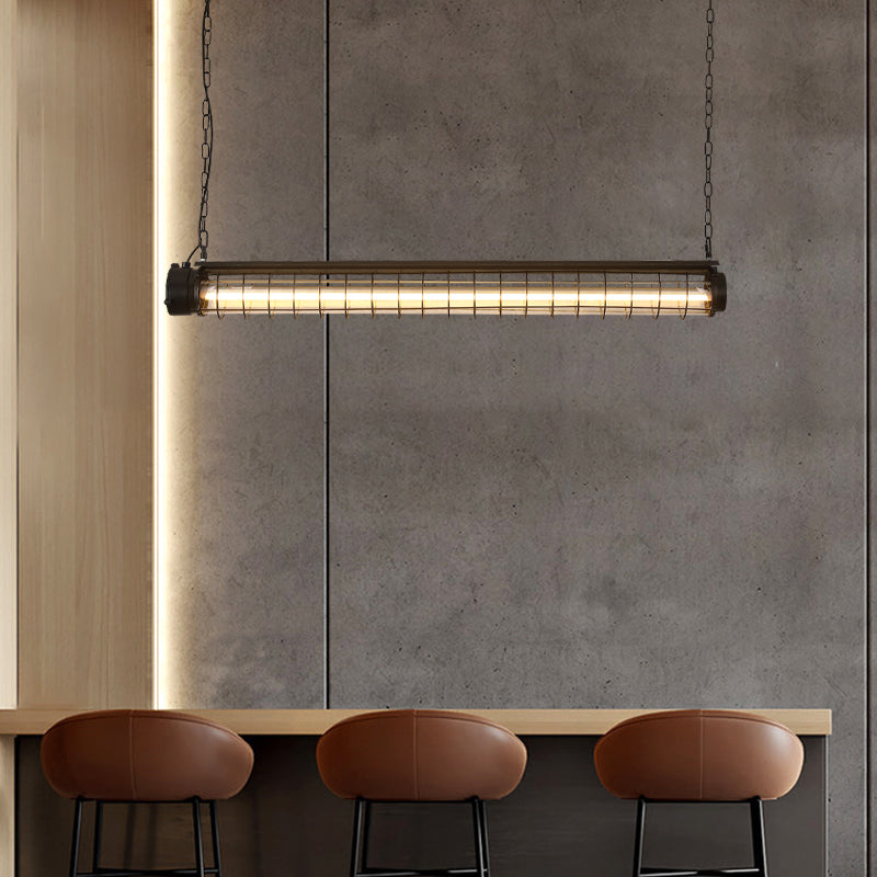 Industrial Black Cage Island Pendant - Tubular Design For Dining Room Ceiling