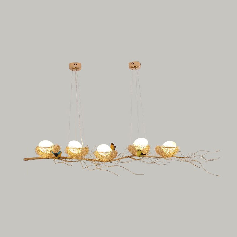 Artistic Aluminum Wire Nest Island Lamp With Wood Egg And Bird: A Unique Suspension For Dining Room