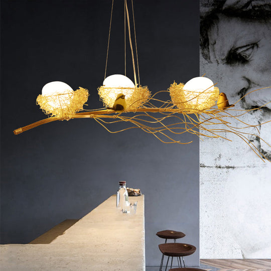 Artistic Aluminum Wire Nest Island Lamp With Wood Egg And Bird: A Unique Suspension For Dining Room