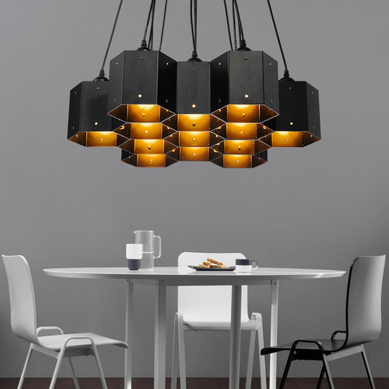 Art Deco Black Metal Honeycomb Island Ceiling Light For Dining Room