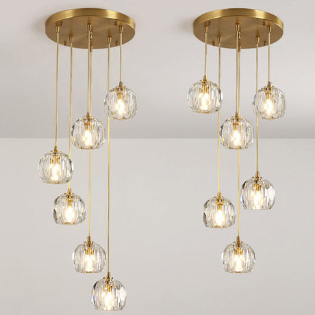 Simplicity Brass Finish Multi Pendant Ceiling Light With Beveled K9 Crystal Suspension