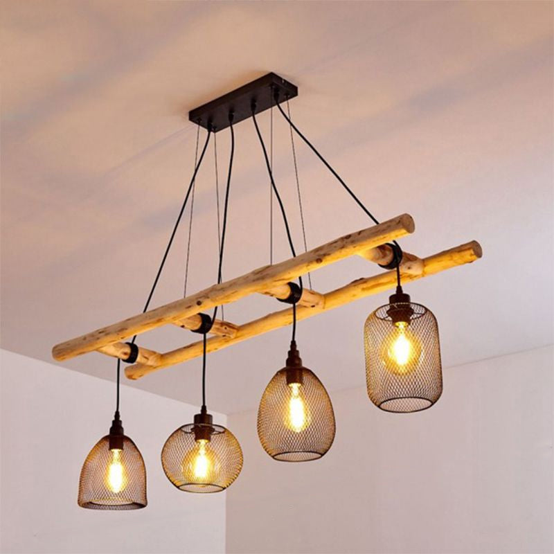 Rustic Wood Iron Mesh Suspension Lighting - 4-Bulb Dining Room Island Light