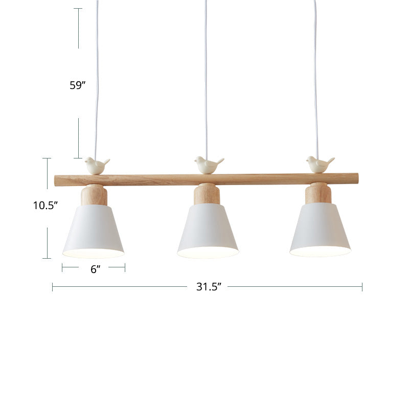 Nordic Shaded Hanging Island Light Metal Pendant With Bird Decor - 3-Head Dining Room Drop