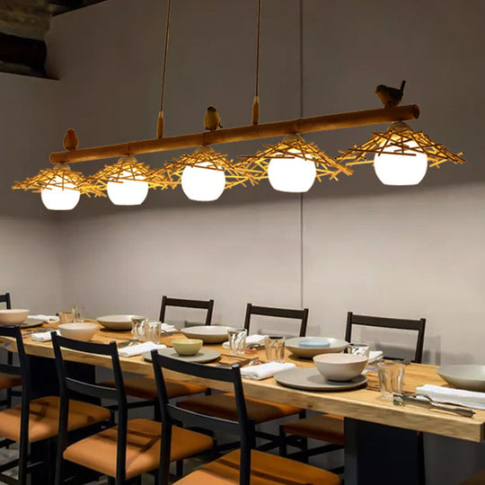 Bamboo Pendant Lighting: Conical Island Light With White Glass Shade
