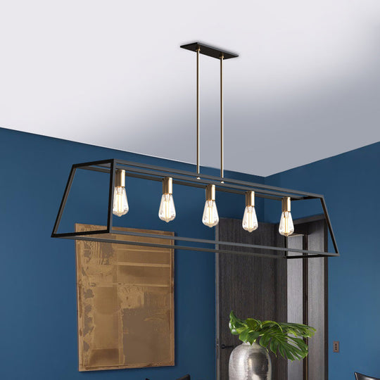 Industrial Black Trapezoid Island Light: 5-Bulb Metal Fixture For Dining Room Ceiling Suspension