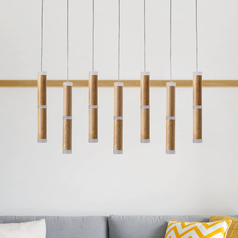 Contemporary Wooden Led Pendant Light With Micro Tube Design - 7/9-Head Cluster Ceiling Lamp For