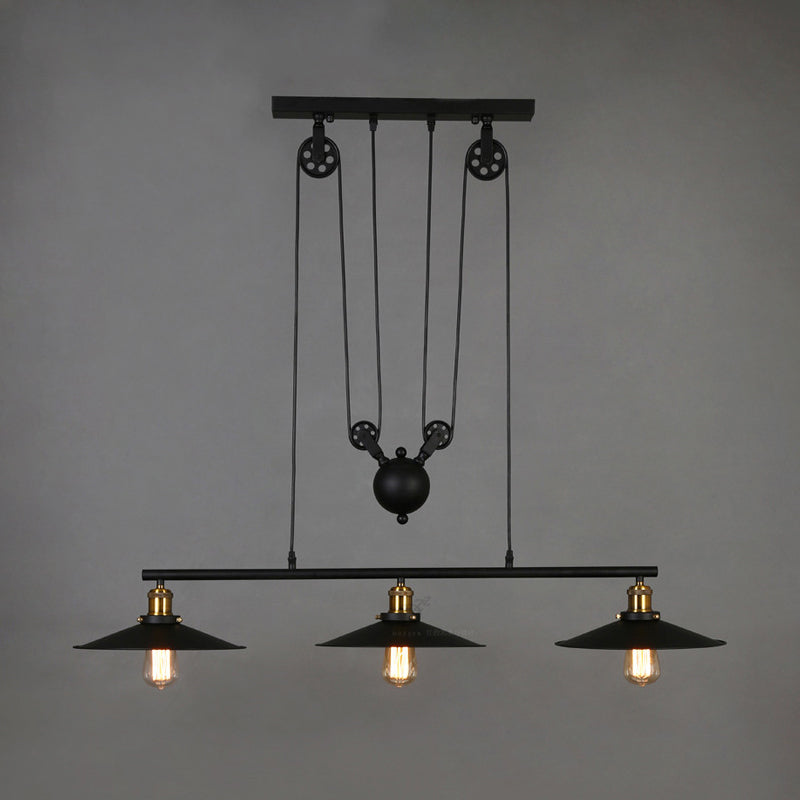 Industrial Metal Flying Saucer Hanging Ceiling Light - Black 3-Head Pulley Pendant For Bars