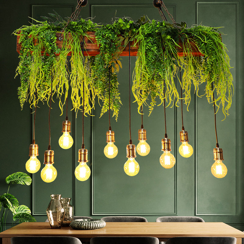 Bare Bulb Industrial Hanging Light With Faux Green Fern Deco - Set Of 10 Bulbs