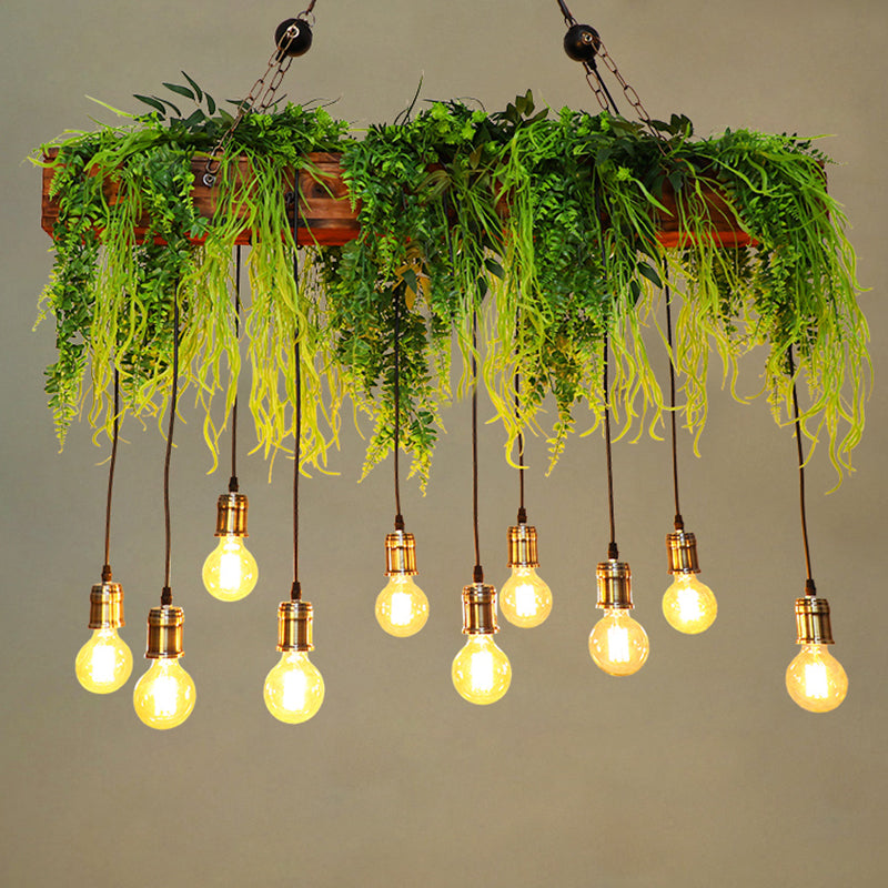 Bare Bulb Industrial Hanging Light With Faux Green Fern Deco - Set Of 10 Bulbs