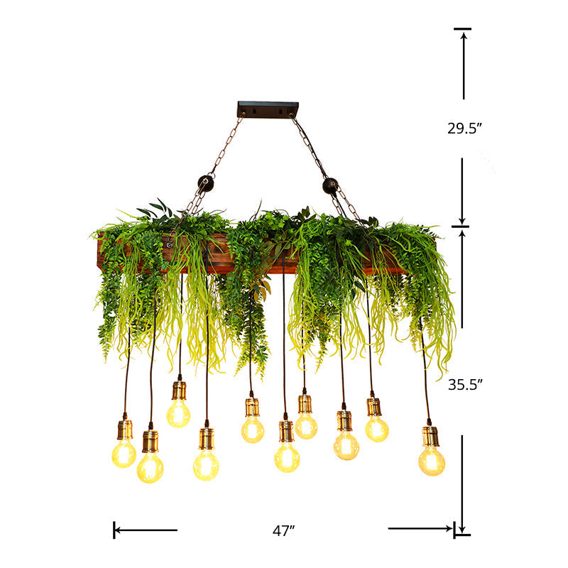 Bare Bulb Industrial Hanging Light With Faux Green Fern Deco - Set Of 10 Bulbs