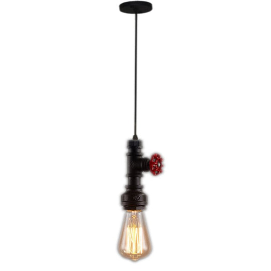 Industrial Water Pipe Bedside Pendant Light Fixture: 1-Head Wrought Iron Hanging Lamp Black