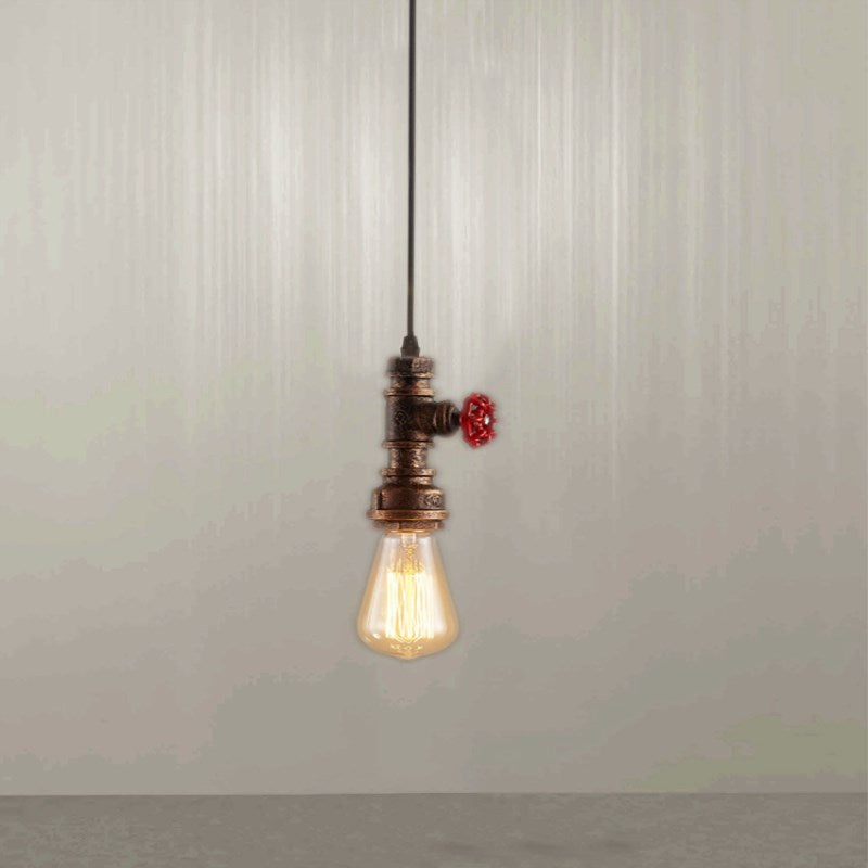 Industrial Water Pipe Bedside Pendant Light Fixture: 1-Head Wrought Iron Hanging Lamp Rust