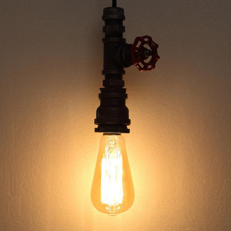 Industrial Water Pipe Bedside Pendant Light Fixture: 1-Head Wrought Iron Hanging Lamp