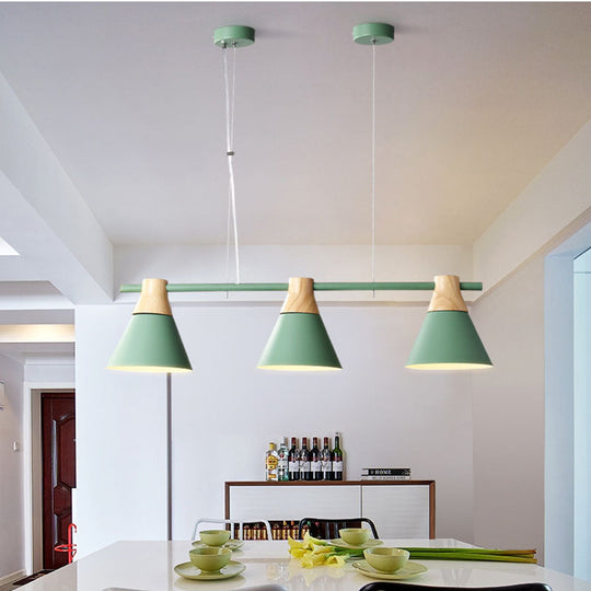Macaron Metal Restaurant Pendant Light With 3 Conical Bulbs Green