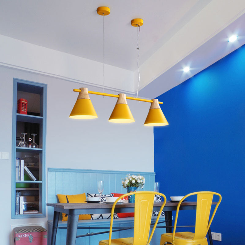Macaron Metal Restaurant Pendant Light With 3 Conical Bulbs Yellow