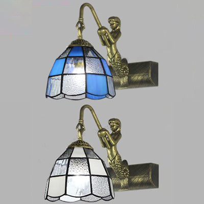 Mermaid Backplate Wall Mounted Tiffany White/Blue Glass Sconce Light: 1 Head Dome Vanity Light