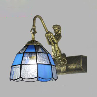 Mermaid Backplate Wall Mounted Tiffany White/Blue Glass Sconce Light: 1 Head Dome Vanity Light Blue