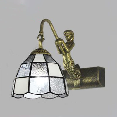 Mermaid Backplate Wall Mounted Tiffany White/Blue Glass Sconce Light: 1 Head Dome Vanity Light