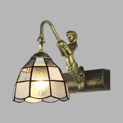 Mermaid Backplate Wall Mounted Tiffany White/Blue Glass Sconce Light: 1 Head Dome Vanity Light