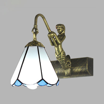Antique Brass Tiffany Sconce Light With Cone Glass Shade For Bathroom Wall White