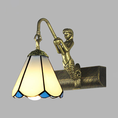 Antique Brass Tiffany Sconce Light With Cone Glass Shade For Bathroom Wall