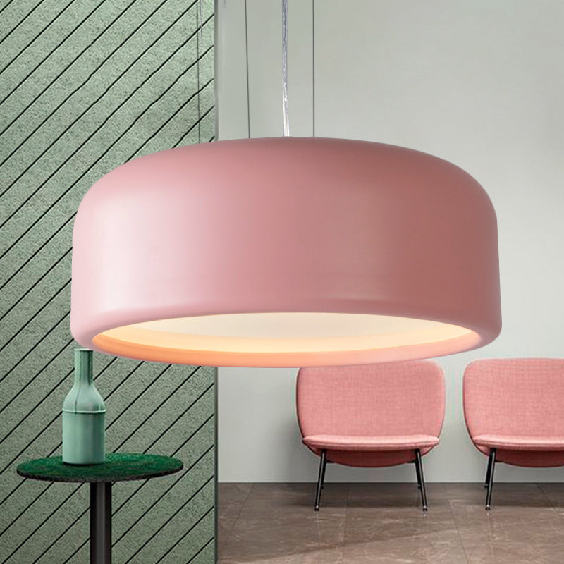 Modernist 1-Light Bedroom Pendant with Drum Metal Shade and Diffuser, 14"/19"/23.5" Wide - Pink/Blue/Green Hanging Light Kit