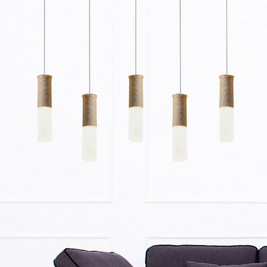 Contemporary Led Pendant Light With Wood Tubular Design For Kitchen Ceiling - Choose 1 5 7 Or 9