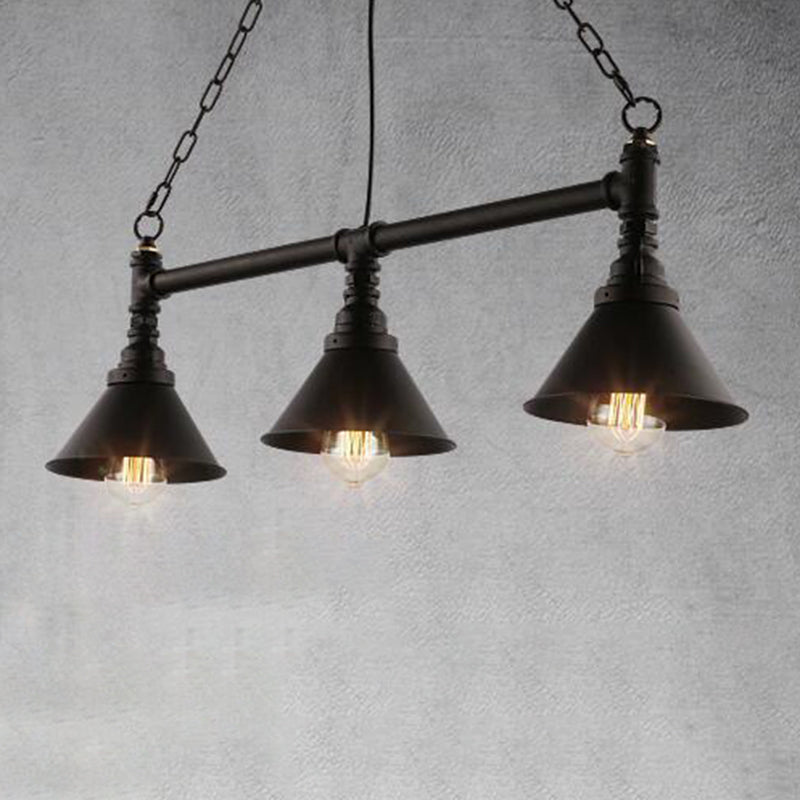 Industrial Conical 3-Head Black Hanging Ceiling Light For Restaurants / Wide Flare