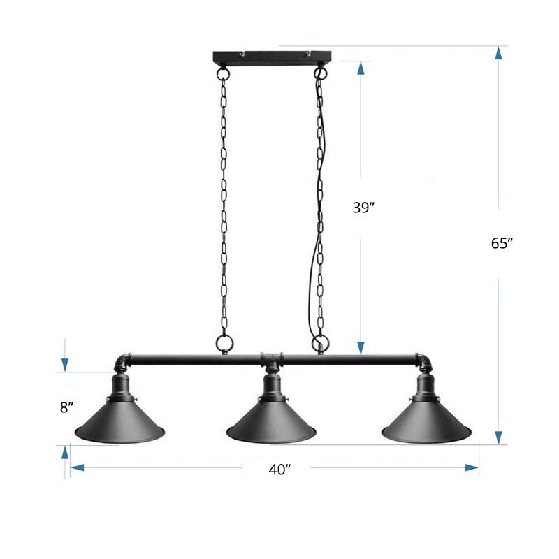 Industrial Conical 3-Head Black Hanging Ceiling Light For Restaurants