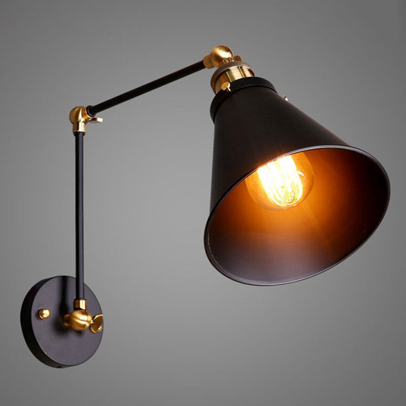Vintage Conical Reading Wall Lamp With Flexible Swing Arm Black