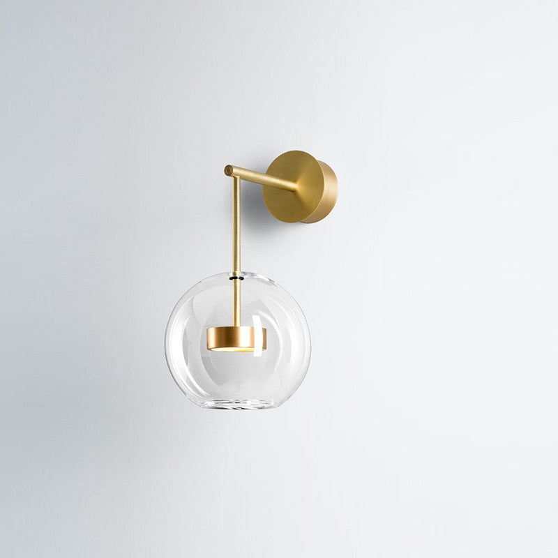Transparent Glass Bedside Led Wall Lamp In Gold - Minimalist Sphere Hanging Light / Short Arm