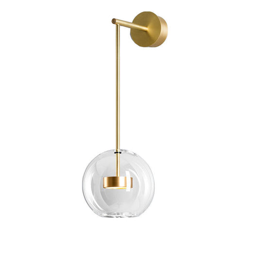 Transparent Glass Bedside Led Wall Lamp In Gold - Minimalist Sphere Hanging Light / Long Arm
