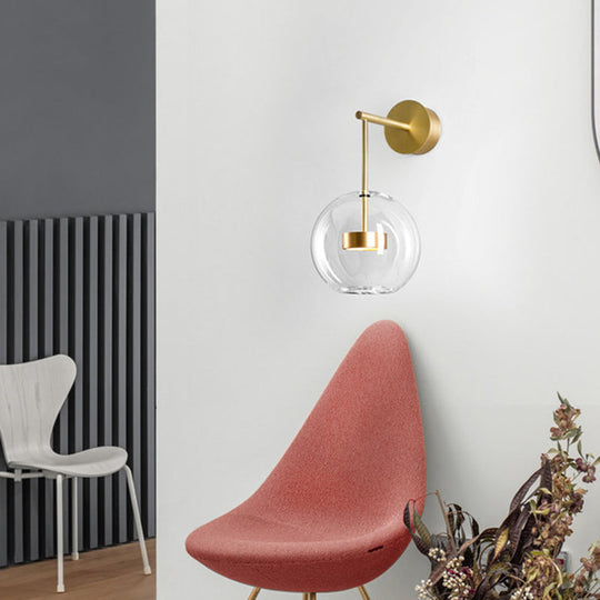 Transparent Glass Bedside Led Wall Lamp In Gold - Minimalist Sphere Hanging Light