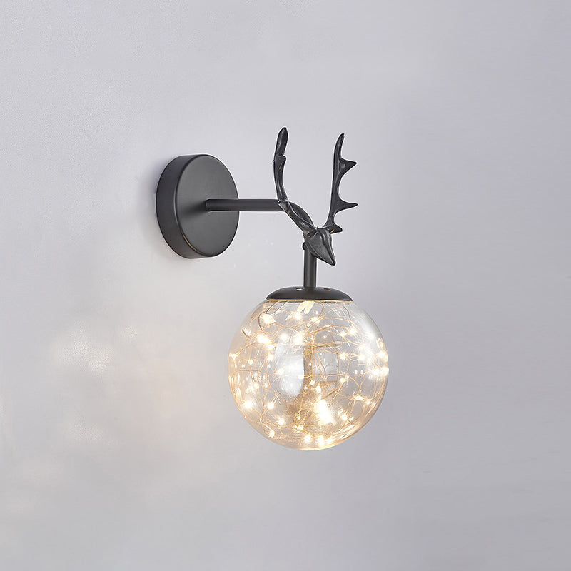 Minimalist Led Bedroom Sconce With Antler And Glass Design - Wall Mount Lamp Starry String Black /