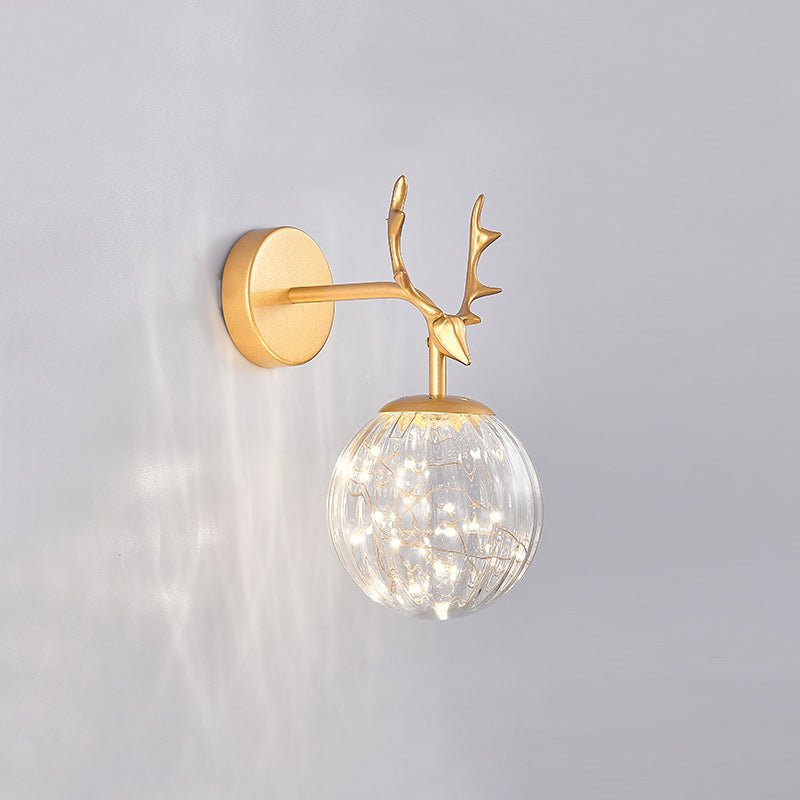 Minimalist Led Bedroom Sconce With Antler And Glass Design - Wall Mount Lamp Starry String Gold /