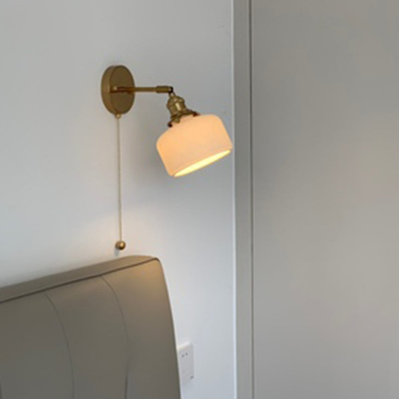 Brass Pivot Joint Foyer Sconce: Round Ribbed Glass Wall Light With White Simplicity (1 Bulb) / Cable