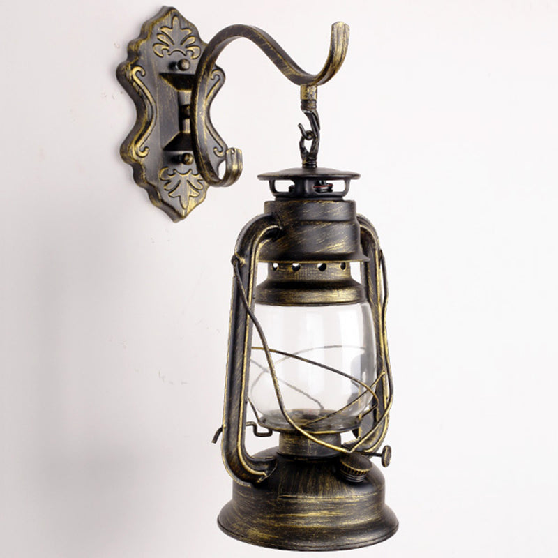 Antique Style Single-Bulb Oil Lantern Sconce: Clear Glass Wall Mount Light For Aisles Bronze /