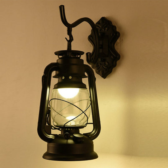 Antique Style Single-Bulb Oil Lantern Sconce: Clear Glass Wall Mount Light For Aisles Black / Curved